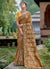 Brown And Yellow Appliqué Embroidery Silk Saree