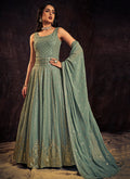 Teal Blue Sequence And Mirror Work Anarkali Gown In Usa