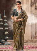 Olive Green Multi-Embroidery Tissue Silk Saree