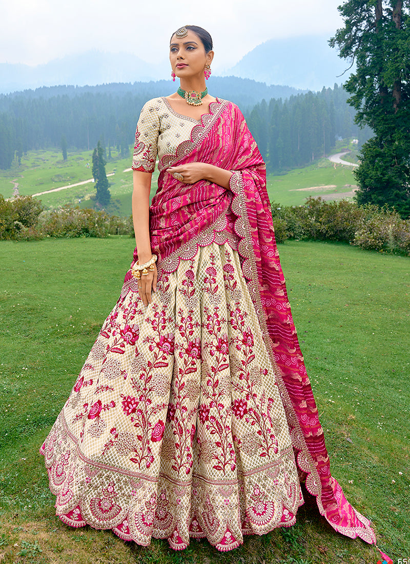 White And Pink Embroidery Wedding Lehenga Choli