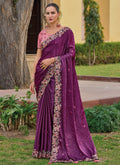 Plum And Pink Multi Embroidery Wedding Organza Silk Saree