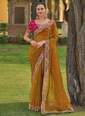 Yellow And Pink Multi Embroidery Wedding Organza Silk Saree