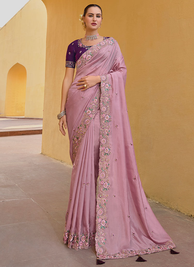 Purple Two Tone Multi Embroidery Wedding Organza Silk Saree