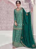 Teal Green Embroidered Festive Sharara Style Suit