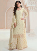 Off White Traditional Embroidered Festive Palazzo Suit