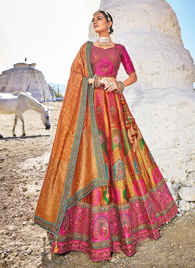 Pink And Orange Embroidery Wedding Lehenga Choli