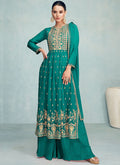 Cyan Green Sequence Embroidery High Slit Palazzo Suit