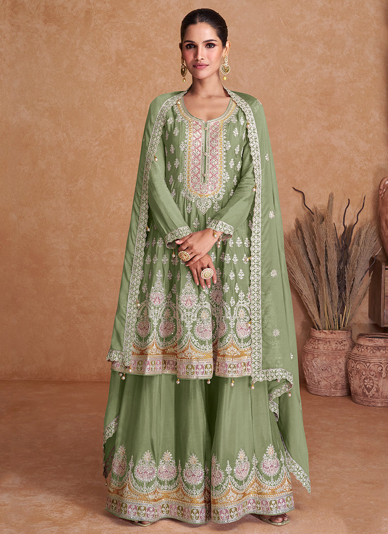 Light Green Multi Embroidery Wedding Gharara Style Suit