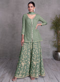 Green Designer Embroidery Party Wear Sharara Suit