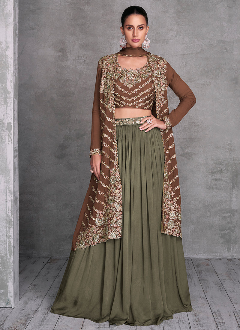 Brown And Olive Embroidered Jacket Style Lehenga Choli