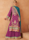 Magenta And Turquoise Multi Embroidery Palazzo Suit