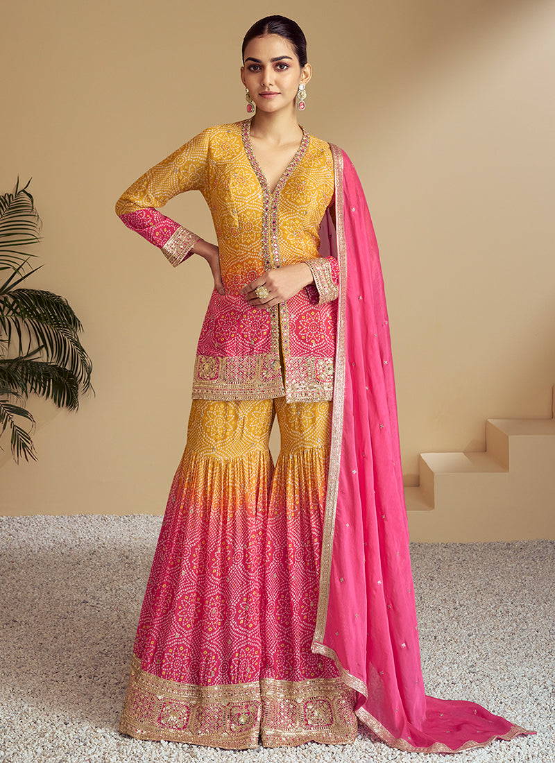 Pink Yellow Ombré Designer Kurti And Gharara