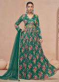 Rama Green Floral Print And Handwork Embroidery Anarkali Style Gown