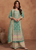 Teal Blue Multi Embroidered Wedding Palazzo Suit