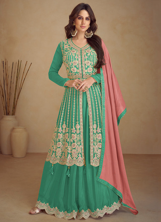 Green And Peach Traditional Embroidered Wedding Anarkali Lehenga