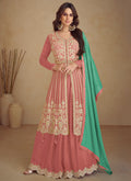 Peach And Green Traditional Embroidered Wedding Anarkali  Lehenga