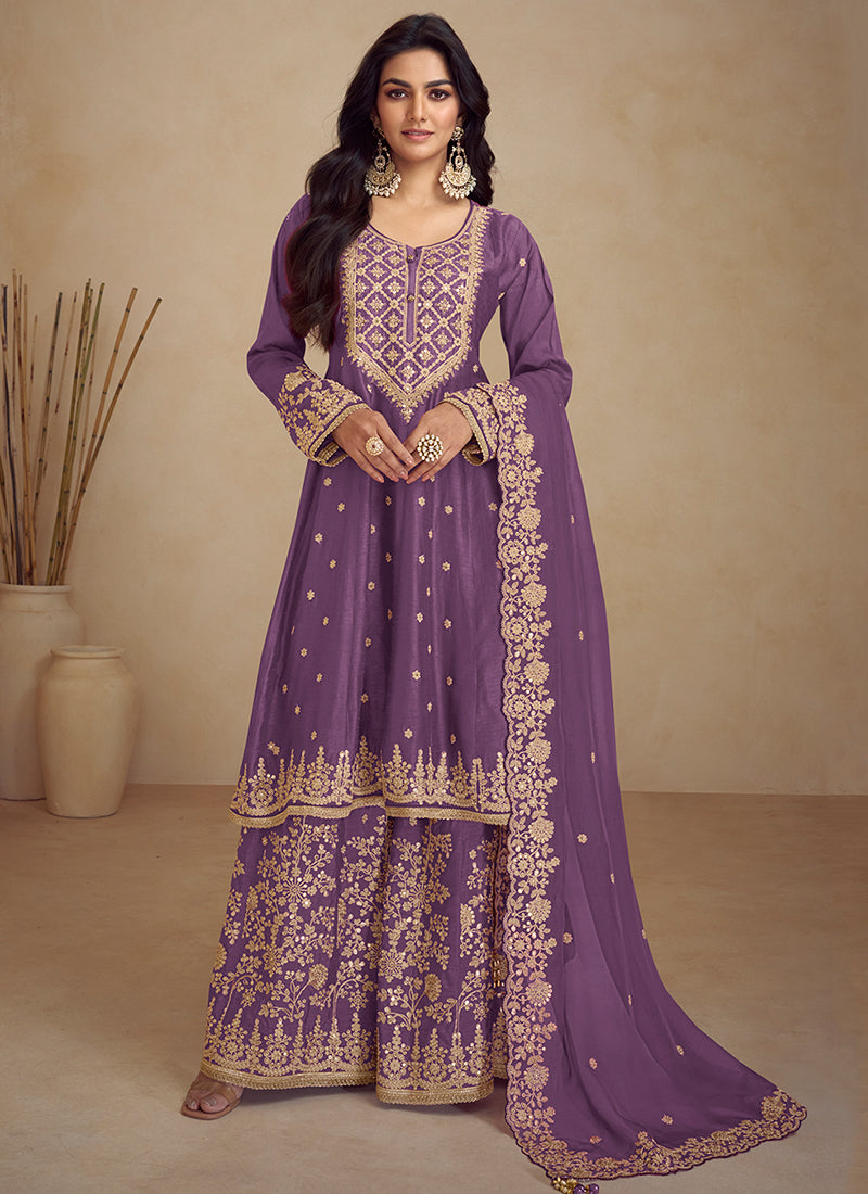 Purple Embroidery Anarkali Sharara Suit