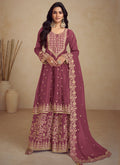 Deep Pink Embroidery Anarkali Sharara Suit