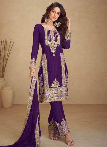 Purple Golden Embroidered Pakistani Pant Style Suit