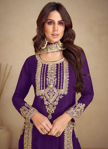 Purple Golden Embroidered Pakistani Pant Style Suit