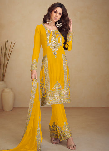 Yellow Golden Embroidered Pakistani Pant Style Suit