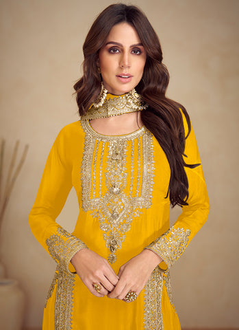 Yellow Golden Embroidered Pakistani Pant Style Suit