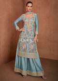 Sky Blue Floral Embroidery Festive Palazzo Suit