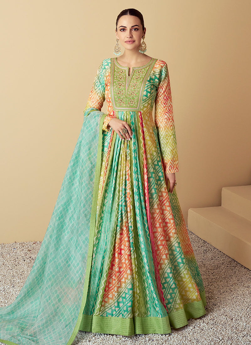 Teal And Green Multi Embroidery Festive Anarkali Gown