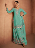 Sea Green Multi Embroidery Party Wear Sharara Suit