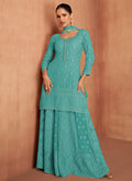 Teal Blue Chikankari Embroidery Festive Palazzo Suit