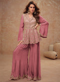 Rose Pink Embroidery Peplum Style Pant Suit