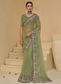 Green Multi Embroidery Festive Silk Saree