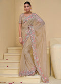 Beige Multi Embroidery Festive Silk Saree