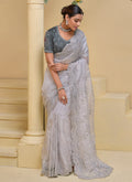 Silver Grey Multi Embroidery Festive Silk Saree