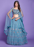 Aqua Blue Mirror Work Embroidery Wedding Lehenga Choli