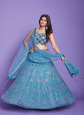 Aqua Blue Mirror Work Embroidery Wedding Lehenga Choli In USA Canada