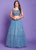 Aqua Blue Mirror Work Embroidery Wedding Lehenga Choli In USA Germany