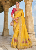 Yellow And Magenta Handwork Embroidery Wedding Saree