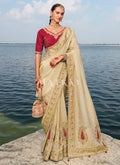 Cream Red Handwork Embroidery Wedding Saree