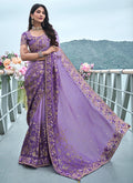 Rich Purple Multi Embroidery Tissue Silk Saree