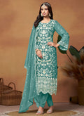 Turquoise Thread And Sequence  Embroidery Pant Style Salwar Suit