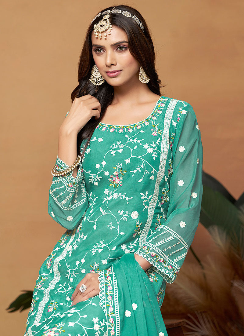 Green Thread Embroidery Organza Salwar Suit