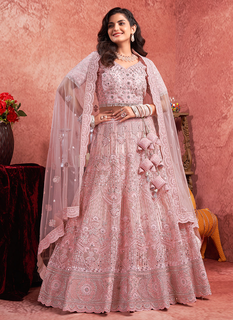 Rose Pink Mirror Embroidery Wedding Lehenga Choli