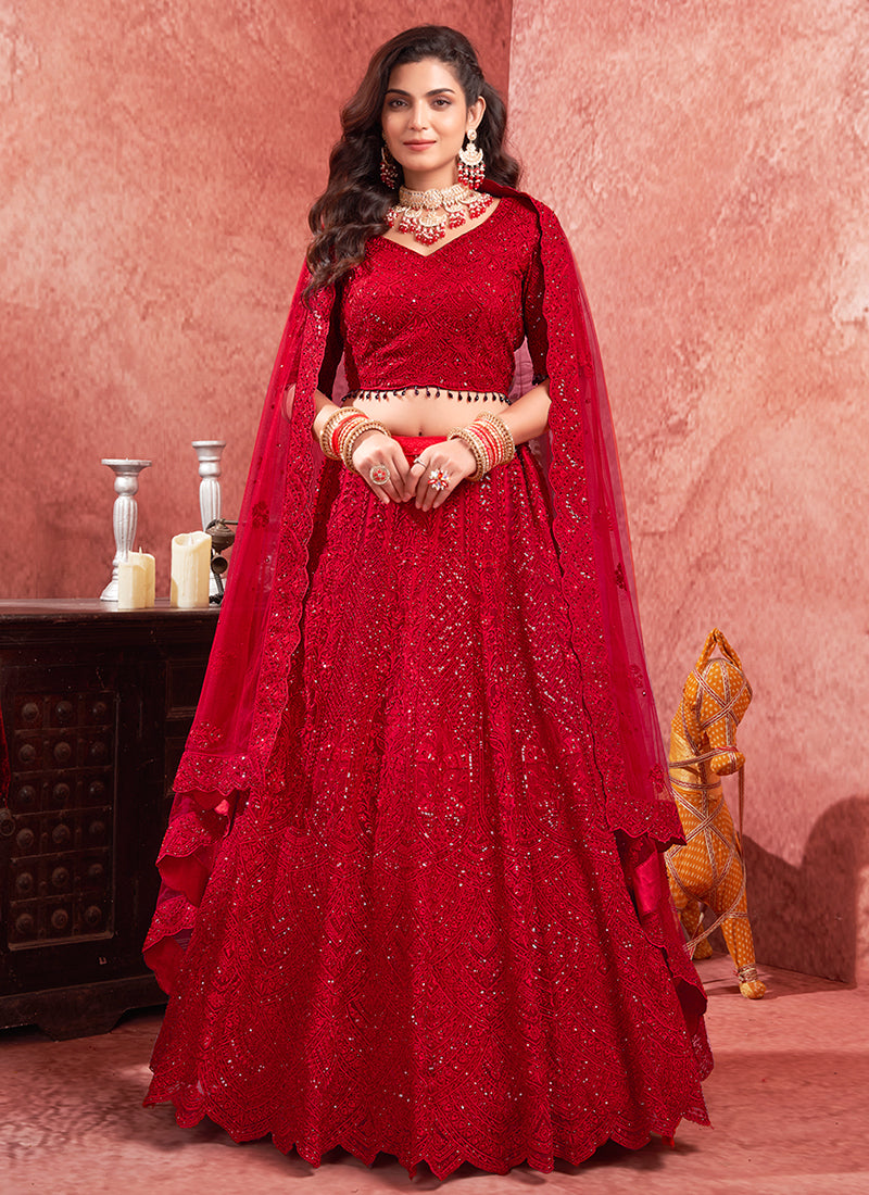 Red Mirror Embroidery Wedding Lehenga Choli