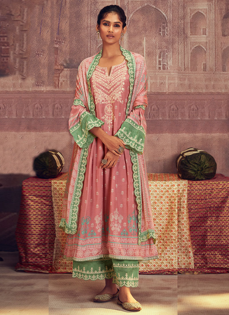 Pink And Green Thread Embroidery Anarkali Palazzo Suit