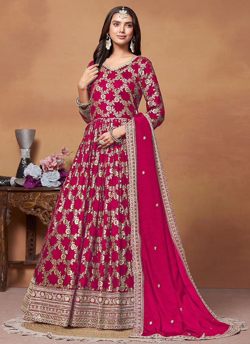 Rani Pink Embroidery Anarkali Suit For Wedding