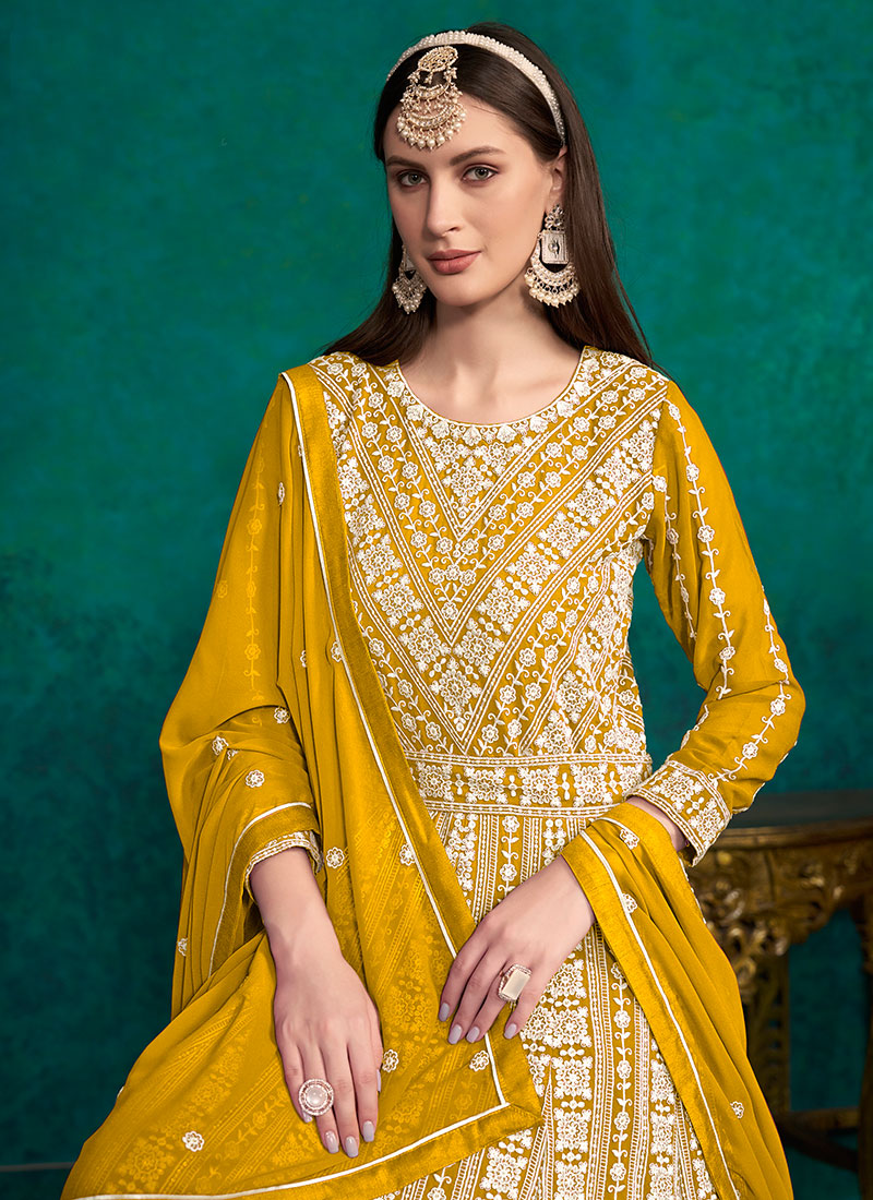 Yellow Lucknowi Embroidery Kalidar Anarkali Suit