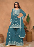 Turquoise Thread Embroidery Georgette Gharara Suit