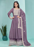 Purple Thread Embroidery Pleated Anarkali Palazzo Suit