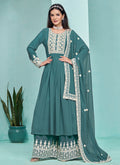 Turquoise Thread Embroidery Pleated Anarkali Palazzo Suit